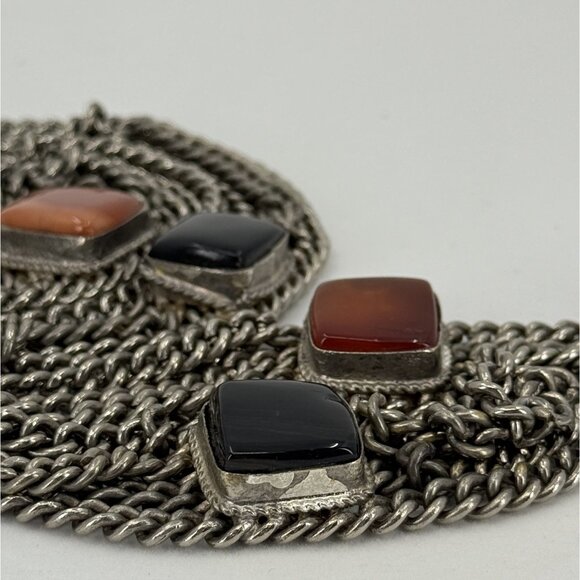 Vtg Multi Strand Pewter Chain Necklace Black Onyx Amber Color Stone Accents - Picture 14 of 16